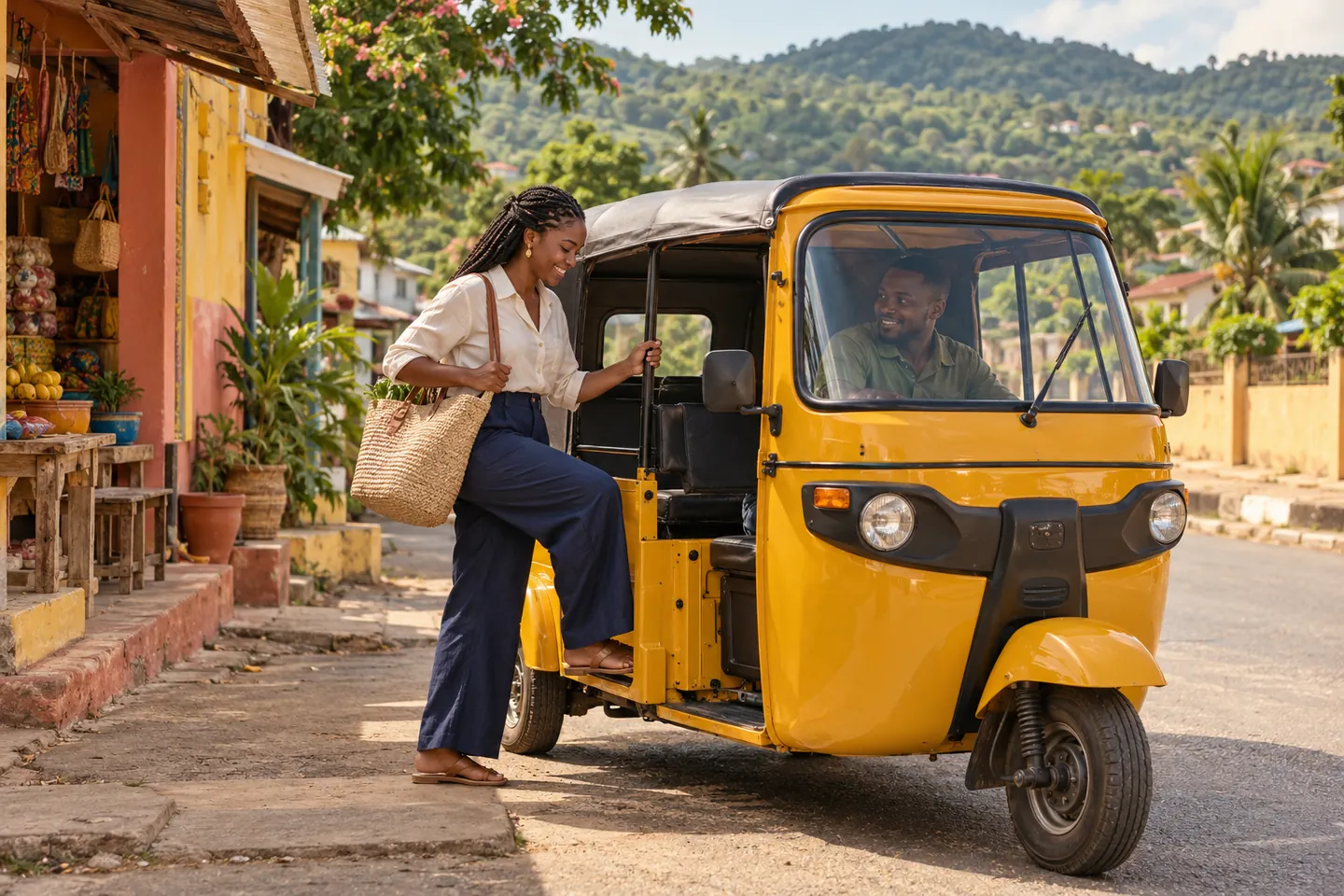 A passenger steps into a sunny yellow Pragya on a leafy Ghanaian street