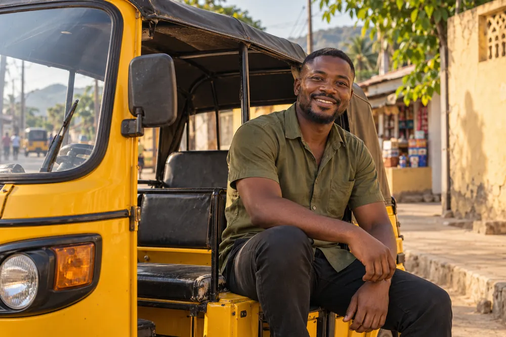 A local driver beside his yellow Pragya